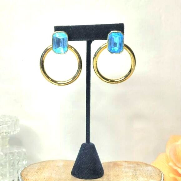 Vintage Silver Aquamarine door knocker hoop earrings - Picture 1 of 11
